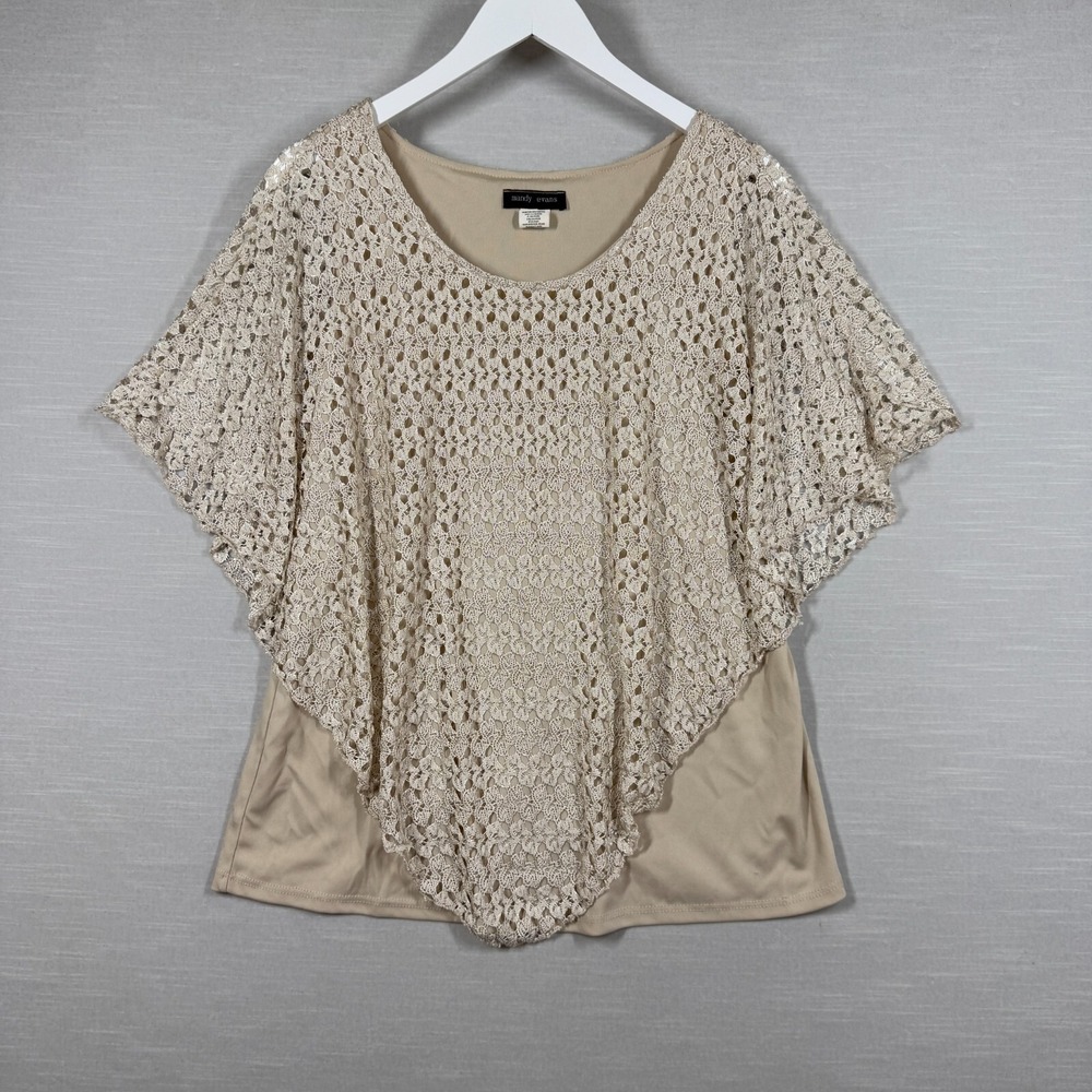 Mandy Evans Top Womens XL Beige Crochet Boho Cottage Core Office Peasant Chic